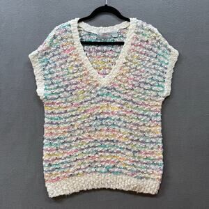 Vtg 80s 90s Loose Knit V Neck Short Sleeve Sweater Womens 22/24 Pastel Sheer